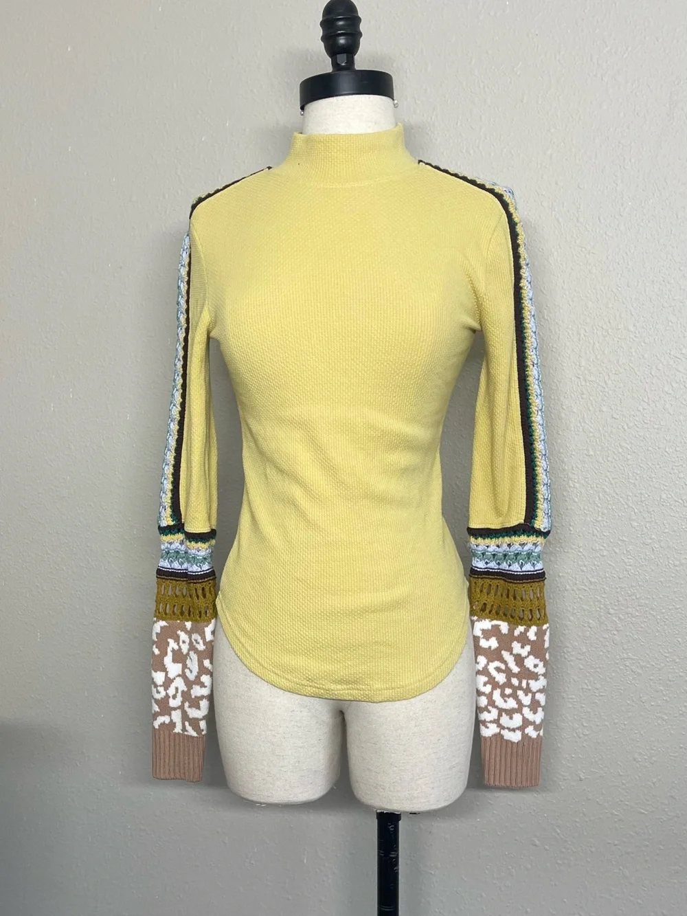 Free People Switch It Up Thermal Top Yellow Boho Crochet Leopard Sleeve S